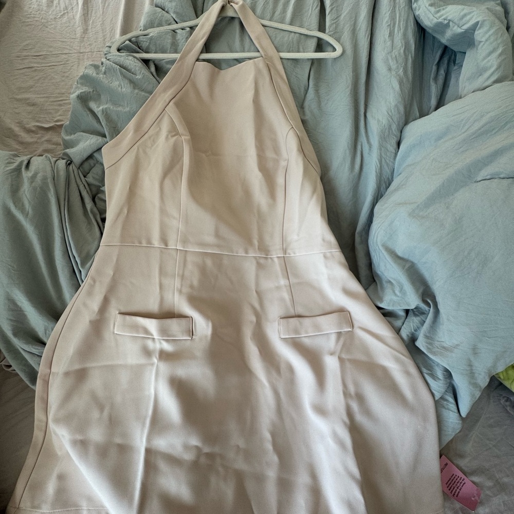 PrettyLittleThing Cream Halter Mini Dress